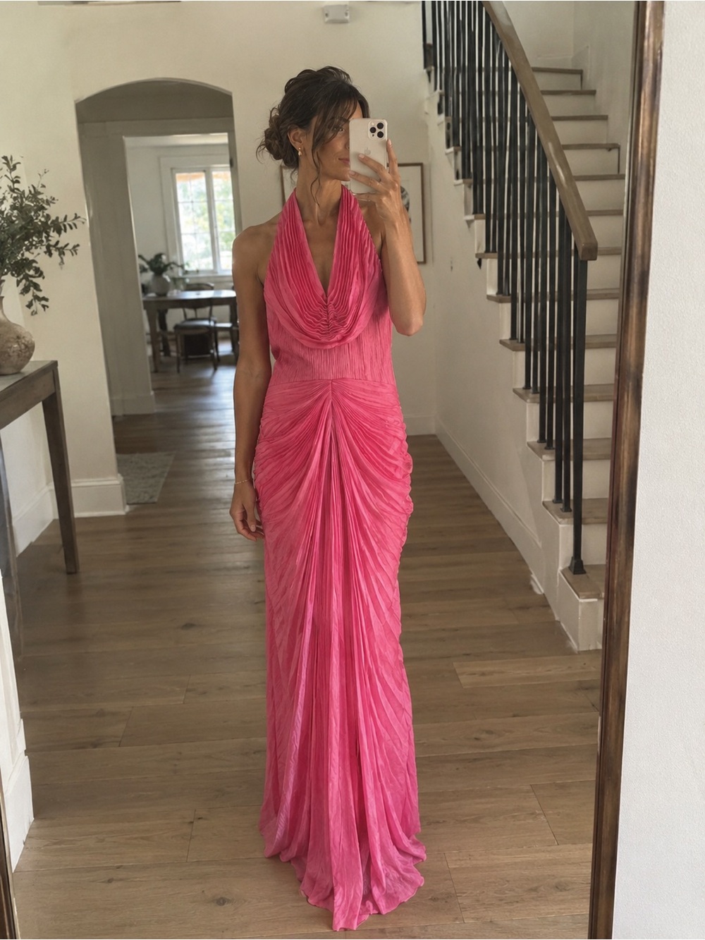 AMUR Enly Pleated Ruched Halter Maxi Dress Pink US 8